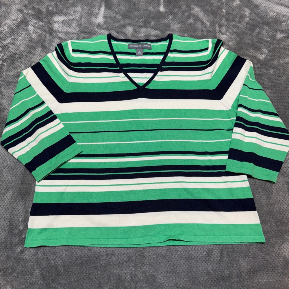 Josephine Chaus Silk Blend Striped V-Neck Sweater Green Navy‎ White XL Womens